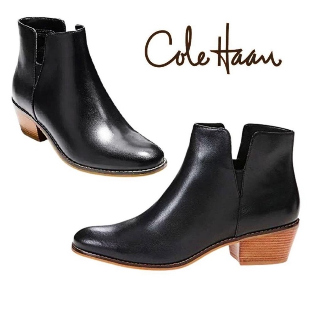 Cole Haan abbot womens black leather pull on bootie